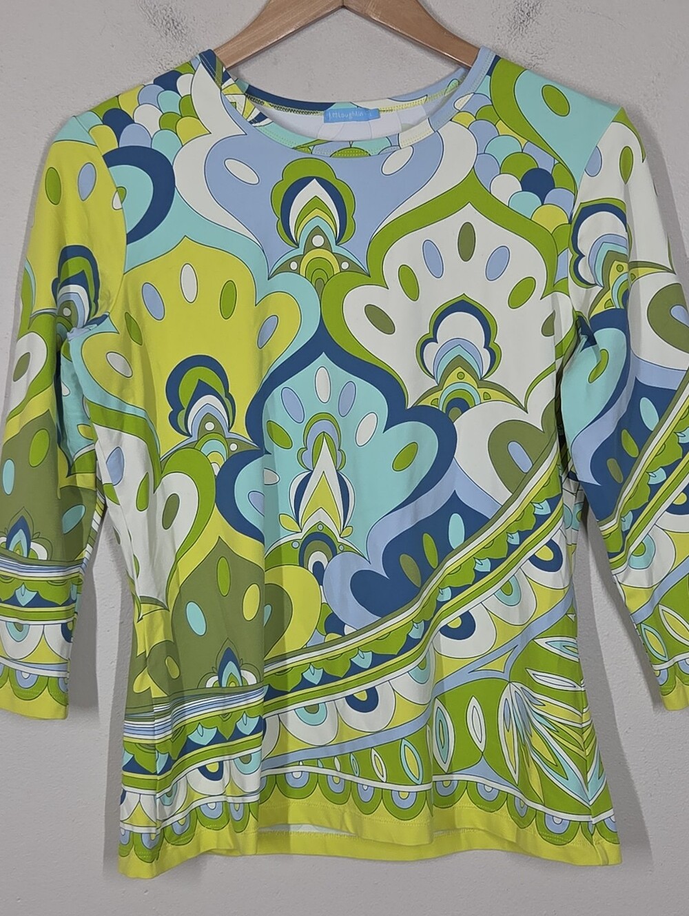 J. Mclaughlin 3/4 Sleeve Catalina Cloth Top Blue Green Mod Retro 70s Art Print L